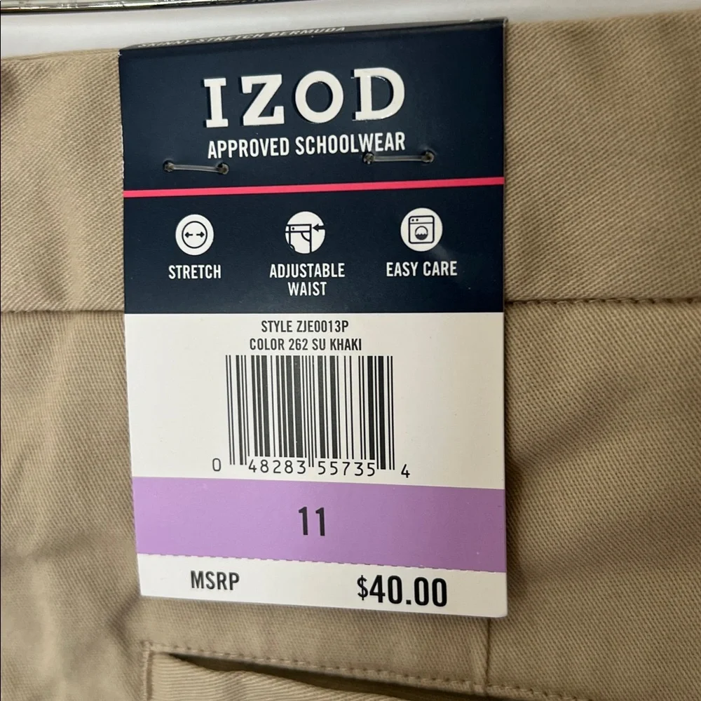 Izod Kids Skinny Stretch Bermuda Shorts Khaki School Uniform Unisex/Boys 11 NEW